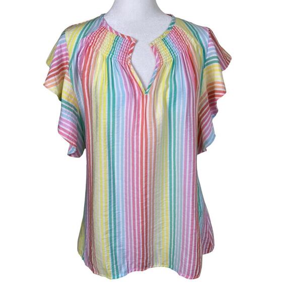 Michelle McDowell Sz M Penelope Pastel Rainbow Striped Smocked Ruffled Top - Picture 4 of 16